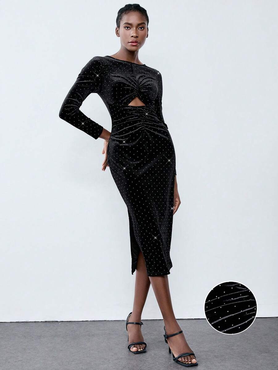 Lumivelle Vestido elegante de franela para mujer con aplicaciones de diamantes de imitación y diseño con recortes, de manga larga, adecuado para atuendos de mujer de largo maxi en otoño/invierno