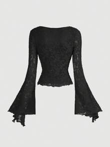 SHEIN MOD Black Romantic And Elegant Front Tie Shirt, Lovely Women's T-Shirt, Autumn And Winter Hollow Out Clothing Women's Clothing Pirate Top Princess Women's Clothing Out Top