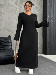 SHEIN EZwear Plus Size Women Casual Solid Color Long Sleeve Asymmetrical Hem Long Dress, Autumn/Winter