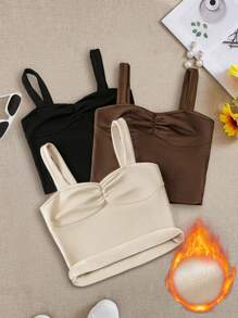 Chiquease 3pcs Women Square Neck Ruched Front Quilted Thermal Tank Top Set, Fall/Winter