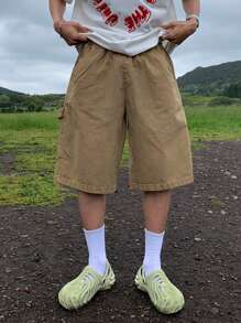 DAZY 休闲卡其色宽松男士牛仔短裤，夏季 - 卡其色 - 查看 1