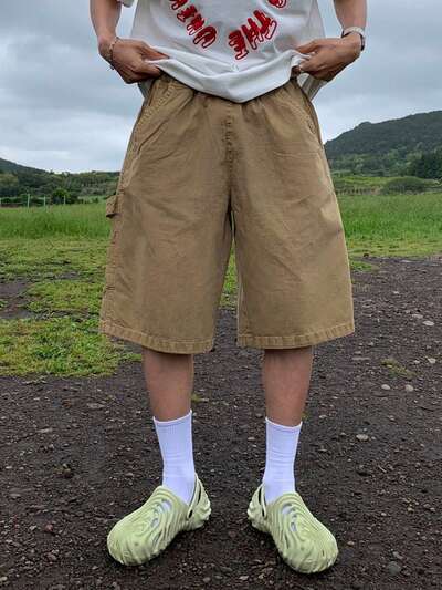 カジュアル カーキ リラックスフィット メンズデニムショーツ、夏