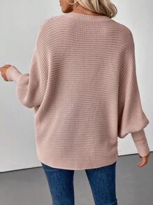 SHEIN LUNE 女士纯色仿珍珠装饰V领蝙蝠袖休闲套头毛衣，秋冬针织套头衫 - 粉色 - 查看 2