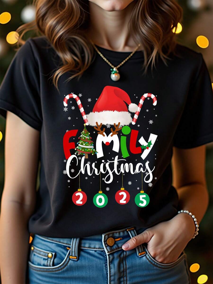 SHEIN Áo thun tay ngắn in hình mũ ông già Noel thời trang giản dị sáng tạo dành cho nữ mùa Giáng sinh Áo thun họa tiết dành cho nữ - màu đen - Xem 1