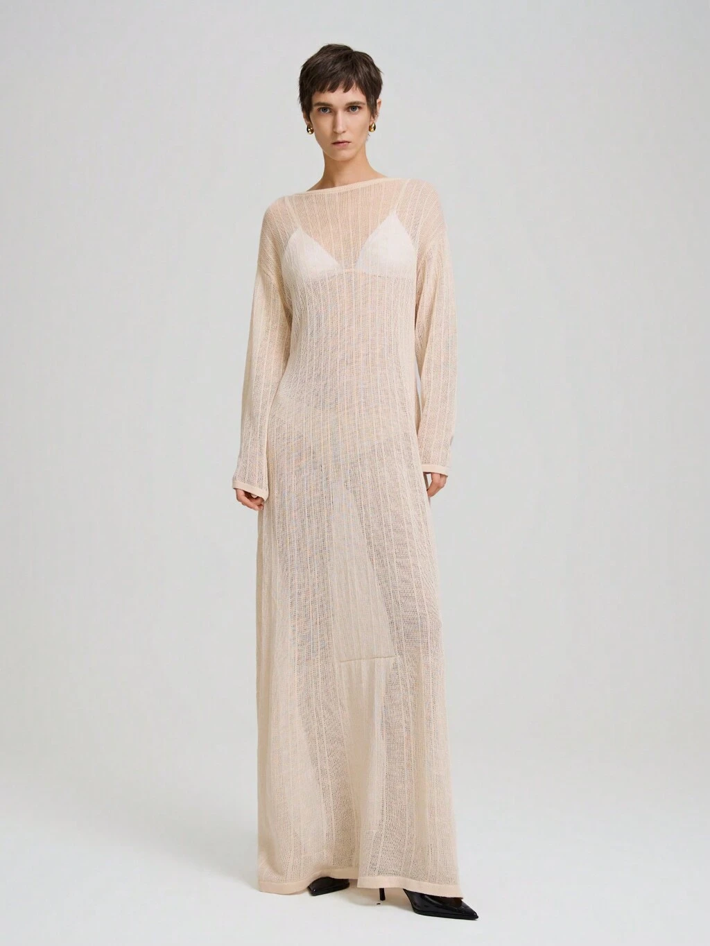 Semi-Transparent Extra Long Dress, New Year Long Sleeve Dress, French Style Long Sleeve Top, Women's Sweater Outerwear, Holiday Outfit, Apricot Crew Neck Semi-Sheer Sweater Dress, Extra Long Tall Women's Clothing, Backless Long Sleeve Extra Long Dress, Autumn Women's Clothing