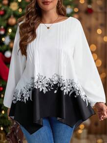 EMERY ROSE Ropa de invierno talla grande para mujeres, ropa navideña para mujeres, blusa elegante para mujeres con cuello redondo, mangas farol y estampado floral plisado para otoño