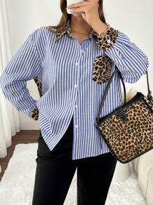 SHEIN Frenchy Plus Size Casual Elegant Striped & Leopard Print Patchwork Button-Down Shirt