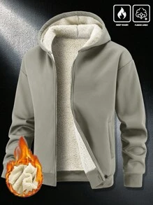 Manfinity Homme Men's Casual Solid Color Thermal Lined Hoodie, Winter - Grey - View 4