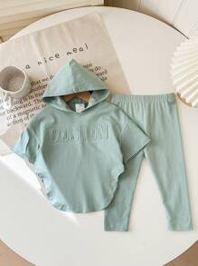 SHEIN Baby Girls Solid Color Knitted Hoodie Top And Elastic Waist Long Pants 2 Pieces Set, Spring/Summer - Green - View 3