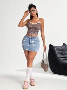 SHEIN PETITE Women's Denim Mini Skirt, Sexy Fitted Stretch Blue With Bow, Low Rise Skirt, Pink Bow Jeans Skirt, Holiday Women Outfits, Christmas Skirt, Holiday Outfits, Christmas Party Women Skirt