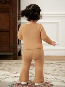 Cozy Pixies 2 Pcs/Set Baby Girl Solid Color Soft Knit Crew Neck Long Sleeve Top And Wide Leg Pants - Brown - View 3