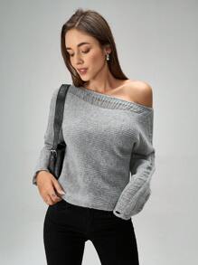 SHEIN Unity 纯色不对称领口休闲百搭长袖针织套头衫，适合秋冬季穿着 - 灰色 - 查看 3