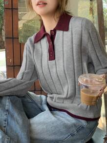 DAZY Women Casual Contrast Color Trim Knitted Sweater, Autumn New Collection