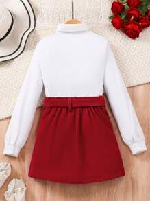 Conjunto de 2 piezas para niña preadolescente con blusa de manga larga con botones delanteros y decoración de moño, talla grande falda mini - Rojo - Ver 2