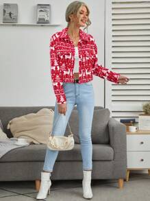 SHEIN LUNE All-Over Print Front Button Casual Versatile Long Sleeve Jacket For New Year Clothes - Red - View 3