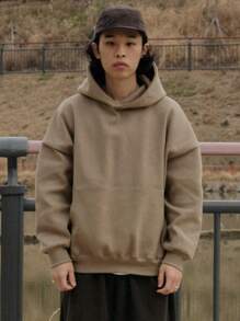 DAZY Áo hoodie dài tay màu trơn có túi rộng rãi màu nâu thường ngày cho nam vào mùa thu đông - Màu Khaki - Xem 6