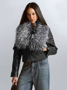 Aveloria Affinna Retro American Ins Style Chic Street Fashion Detachable Furry Chest PU Cropped Jacket Faux Leather Aviator Jacket With Borg Lining Holiday Party Clothes  Fall Cloth For Women - Dark Grey - View 6