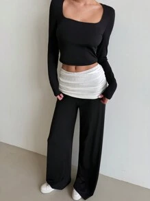 Aloruh 1 Set Commuter Young Streetwear Round Neck Long Sleeve Fitted T-Shirt + Low Waist Contrast Splice Flared Palazzo Pants For Women - Black and White - View 1