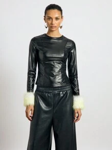 AiiRZ Faux Leather Fitted Long Sleeve Top With Fur Sleeve Trim