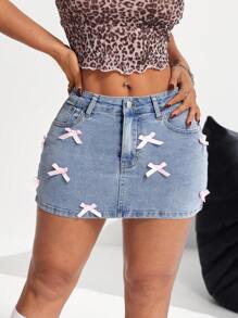 SHEIN PETITE Women's Denim Mini Skirt, Sexy Fitted Stretch Blue With Bow, Low Rise Skirt, Pink Bow Jeans Skirt, Holiday Women Outfits, Christmas Skirt, Holiday Outfits, Christmas Party Women Skirt