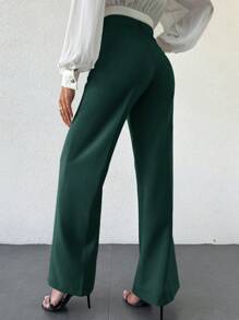EURMUSE Women Solid Color Button Up Front Simple Design Casual Long Pants, Everyday Wear - Dark Green - View 2