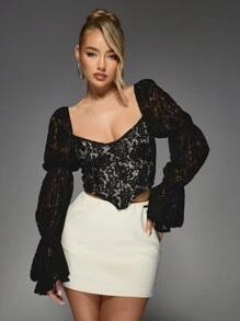 MISSGUIDED Cut-Out Lace Balloon Long Sleeve Corset Blouse