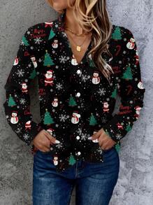 EMERY ROSE Casual Christmas Tree & Snowman Print Long Sleeve Blouse For Women, Top Suitable For Spring And Autumn