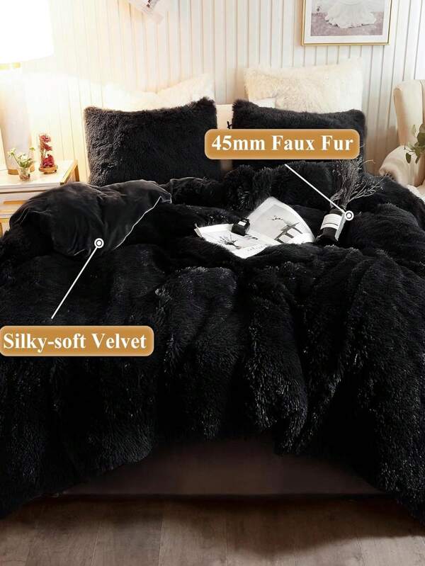 3pcs/Set Black Fluffy Plush Shaggy Duvet Cover Set, Luxury Soft Furry Solid Color Comforter Cover Set Bedding For Girls Women Bedroom Fuzzy Quilt Cover Zipper Closure (1pc* Faux Fur Duvet Cover + 2pcs* Faux Fur Pillowcase, No Pillow Core) King Queen Full Twin Size