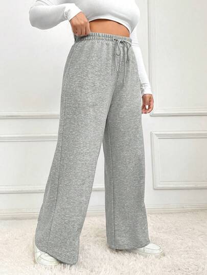 SHEIN EZwear Pantalón de chándal casual holgado de pierna ancha con cordón en la cintura para mujer de talla grande