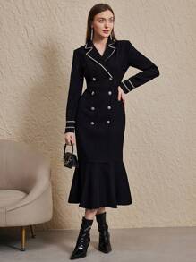 Modelyn 女士优雅拼布系带领长袖双排扣中长修身连衣裙，秋季长款晚礼服 - 黑色 - 查看 1