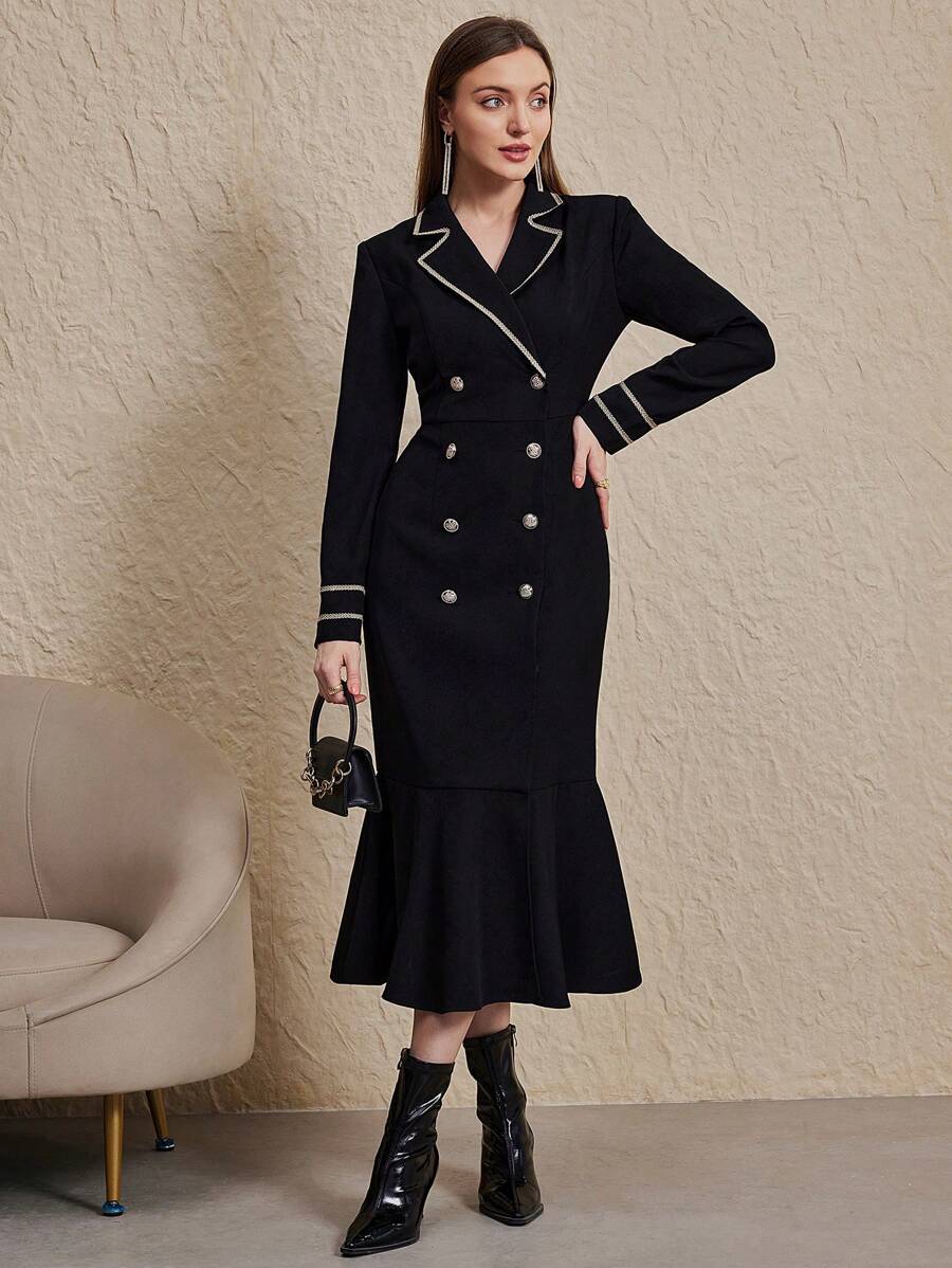 Modelyn 女士优雅拼布系带领长袖双排扣中长修身连衣裙，秋季长款晚礼服 - 黑色 - 查看 1