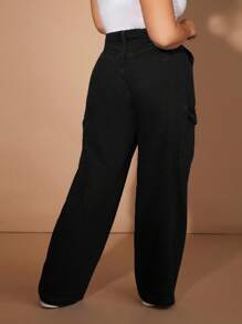 SHEIN EZwear Plus Size Damskie Zniszczone Czarne Proste Nogawki Jeansowe Z Kieszeniami