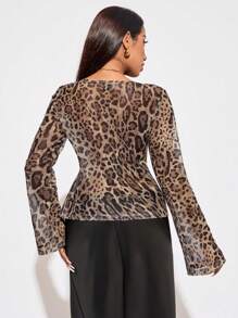 SHEIN SXY Women's Leopard Print Twist Front Long Sleeve Blouse,Long Sleeve Women Shirts,Women Shirts - Multicolor - View 3