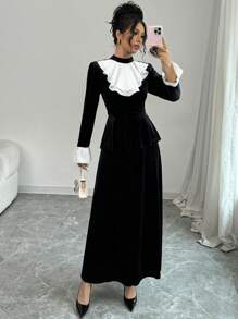 Elenzga Set de blusa de manga larga con volantes y falda larga de estilo palaciego elegante en 2 piezas de terciopelo con contraste de color, para primavera, otoño e invierno
