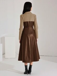 Heiryn Contrast Material Patchwork PU Leather Collar Chic Commuter Korean Style Long Dress - Brown - View 3