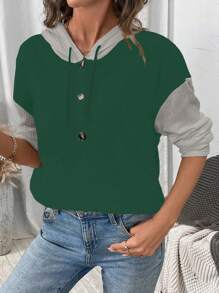 SHEIN LUNE Women Hooded Rib Splicing Long Sleeve Sweatshirt Pullover Fall - Green - View 5