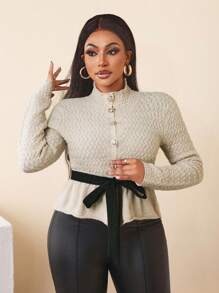 Zolique Women High Neck Metallic Button Decor Ruffle Trim Bow Long Sleeve Cardigan Sweater, Autumn/Winter Fall Cloth For Women - Apricot - View 3