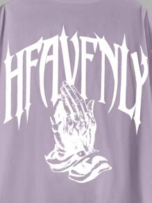 Manfinity VCAY Loose Fit Men Plus Size Letter & Hand Print Graphic T-Shirt - Purple - View 3
