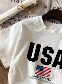 SHEIN EZwear 休闲修身美国国旗印花圆领短袖T恤，适合夏季（含34%棉） - 白色 - 查看 3