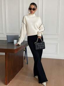 SHEIN Frenchy Women Solid Colour Color Block With Leopard Print Trim Trim Stand Collar Long Sleeve Warm Brushed Pullover Sweaters, Autumn/Winter New Arrival,Commute Daily Wear,Ins Blogger Outfits Minimalist,Suitable For Spring, Winter And Autumn