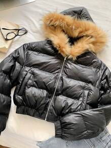 SHEIN Tween Girls 纯黑色冬季拼布蓬松连帽短款黑色棉服外套，秋冬思考者 - 黑色 - 查看 4