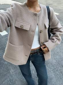 SHEIN Essnce Winter Women's Solid Color Style Blended Short Coat Single-Breasted Large Pocket Long-Sleeved Jacket Suitable For Daily Travel And Commuting