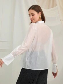Enchnt Vrouwen kant patchwork staande kraag voorkant knoop doorschijnend lange mouw shirt