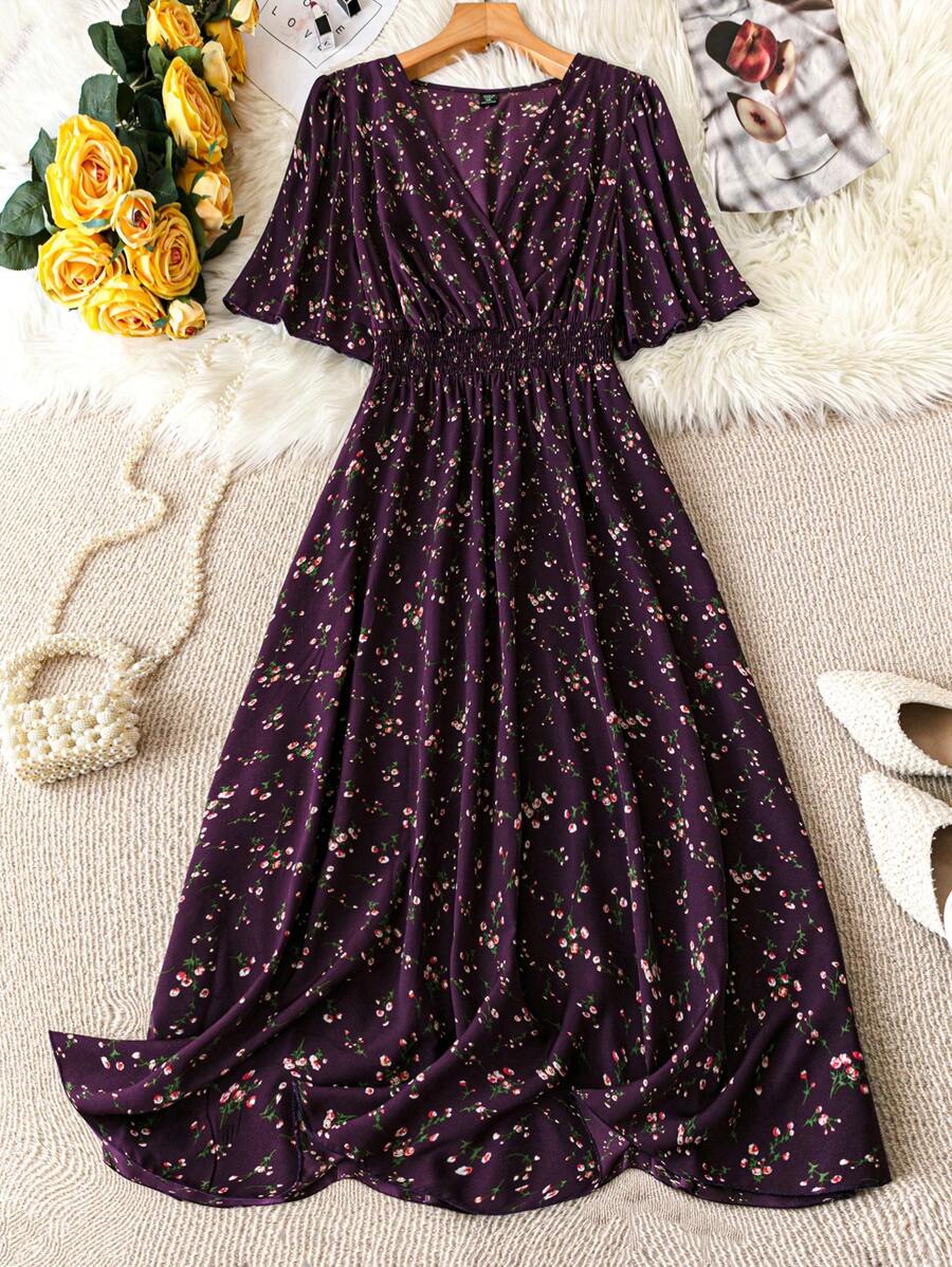 DreamSkyne Plus Size V-Neck Cross Wrap Ditsy Floral Short Sleeve Dress Maxi Women Outfit - Purple - View 1