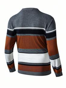 Manfinity Homme Suéter informal de manga larga con cuello redondo y rayas, tallas grandes para hombre, otoño/invierno