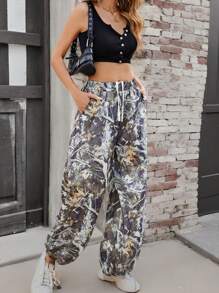 INAWLY Pantalones largos con estampado de plantas y cintura con cordón para mujer - Multicolor - Ver 3