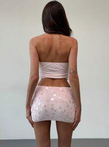 Aloruh Women Sparkle Patchwork Cropped Bandeau Top And Bodycon Mini Skirt 2 Pieces Set, Elegant Fashion
