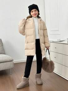 SHEIN Tween Girl 休闲连帽几何文字印花加厚保暖内衬长款夹克 - 卡其色 - 查看 7