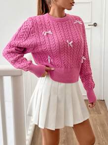 EURMUSE Women Round Neck 3d Ribbon Detailed Cute Textured Sweater Pullover - Hot Pink - View 3