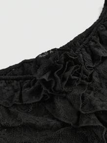ROMWE Áo cánh tay loe hở vai xếp nếp ren Gothic dành cho nữ - màu đen - Xem 3